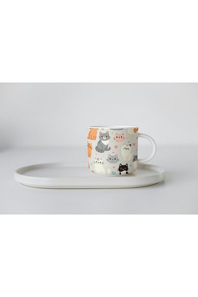 EYBaskı Tasarım White Porcelain Cat Printed Nescafe Cup
