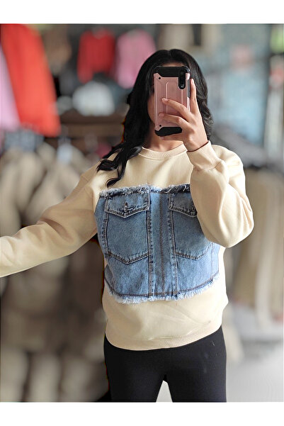Sublime Butik Γυναικείο μπεζ τζιν με λεπτομέρεια Oversize φούτερ με λαιμόκοψη