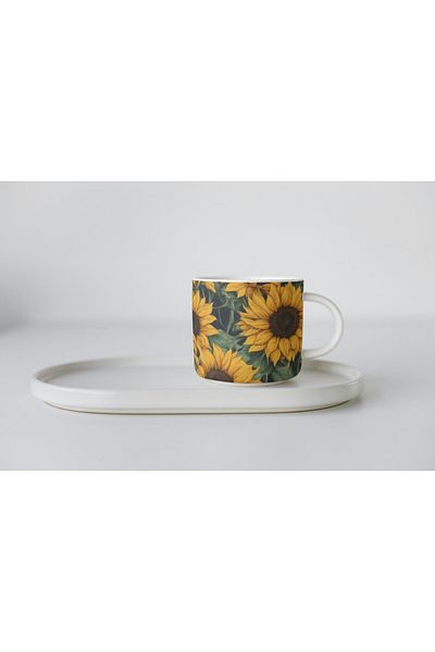 EYBaskı Tasarım White Porcelain Sunflower Printed Nescafe Cup
