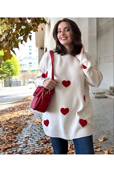MEGA Kadın Kabartma Kalpli Triko Uzun Kollu Kazak