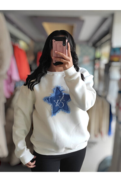 Sublime Butik Hanorac de damă oversize din denim cu stea cu piept brodat
