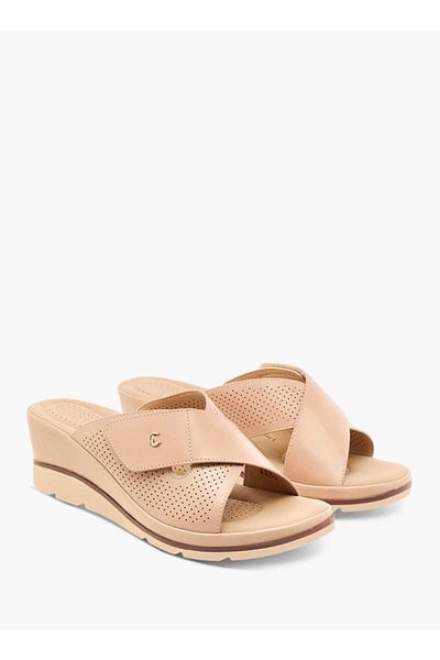Le Confort Slip-On Lazer Cut Cross Strap Sandals with Wedge Heels