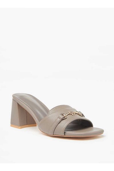 Flora Bella by Shoexpress Flora Bella Textured Slip-On Sandals with Block Heels and Buckle Accent