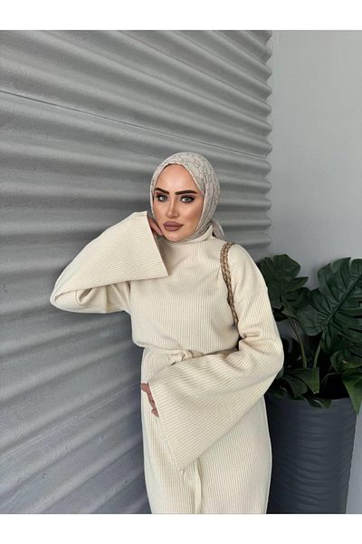 Cardella Ζώνη Λεπτομερές ριμπ πλεκτό φόρεμα Hijab