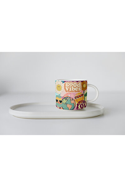 EYBaskı Tasarım White Porcelain Good Vibes Printed Nescafe Cup