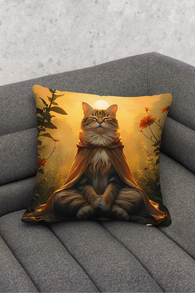 Royalte Hayvan Temalı Kedi ve Doğa Desenli Sarı Renkli Dijital Baskılı Kırlen...