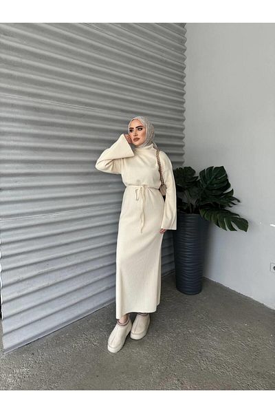Cardella Ζώνη Λεπτομερές ριμπ πλεκτό φόρεμα Hijab