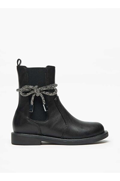 Celeste Girls' Solid Embellished Bow Detail Boots with Gusset and Zip Closure
