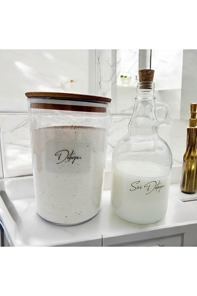 zezedesing Βάζο απορρυπαντικού 2300ML με ξύλινο καπάκι - Μπουκάλι απορρυπαντικό με καπάκι μανιταριού 1000ML (Διαφανές αυτοκόλλητο)