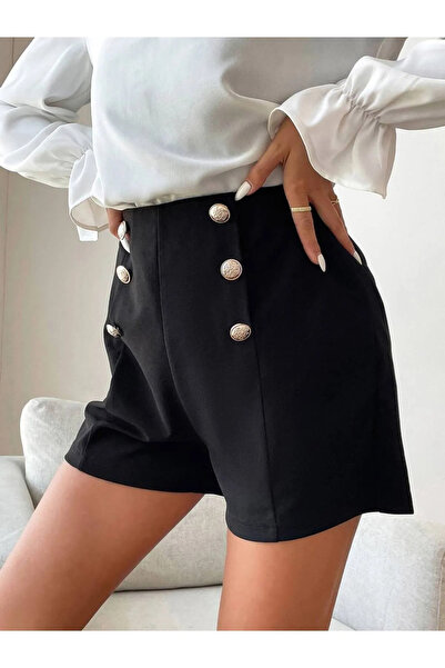 sportiness Women's Black Scuba Crepe Button Detail Shorts