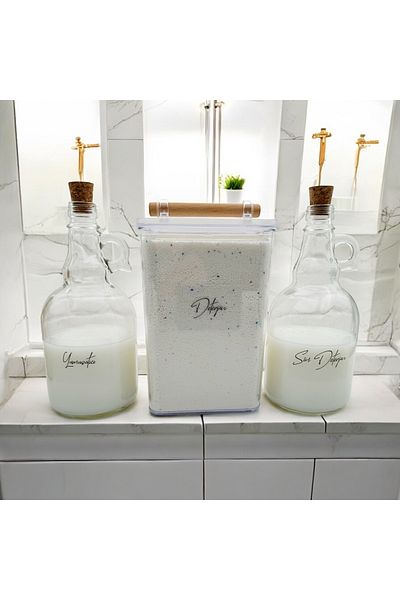 zezedesing Βάζο απορρυπαντικού με ξύλινη λαβή 2000ML-Μπουκάλι υγρού απορρυπαντικού και μαλακτικού με καπάκι μανιταριού 1000ML