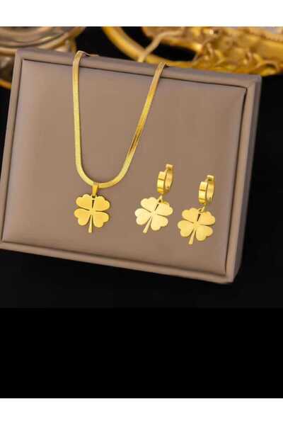 Ayenci Dört Yapraklı Yonca Gold Renkli İtalyan Zincirli Kolye ve Küpe Seti Pa...