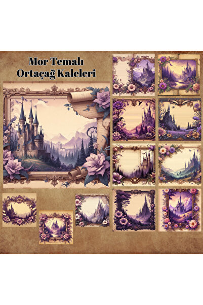 Pink Swan Craft Casteluri medievale cu tematică violet Vintage 12 buc. Etiche...