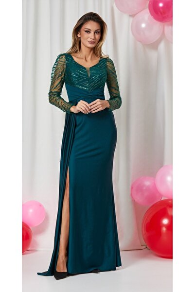 GÜZELLER Yırtmaçlı Üzeri Gritterli Uzun Söz İsteme Nişan Nikah Elbisesi Abiyesi