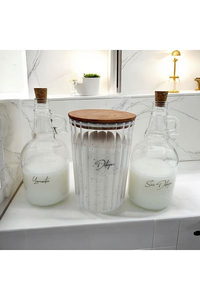 zezedesing 2300ml Βάζο απορρυπαντικού με ρίγες και ξύλινο καπάκι - Μπουκάλι 1000ml υγρού απορρυπαντικού και αποσκληρυντικού