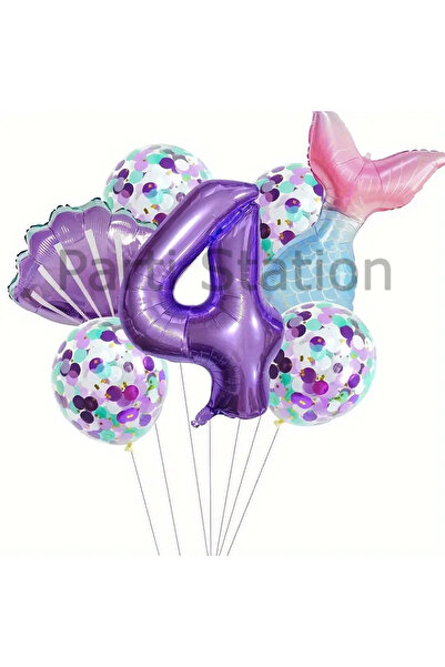 Parti Station Deniz Kızı Konsept 4 Yaş Balon Set Mor Deniz Kızı Mermaid Tema ...