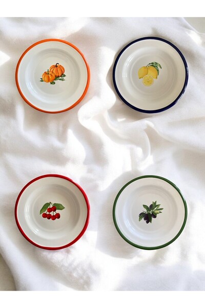 EMAYE TEZGAHI 4'lü Emaye Tabak Seti, 16 Cm Emaye Yemek Tabağı, Servis Tabağı,...