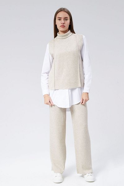 soBasic Set de tricotaje Adriana Bej - Pantaloni și bluză fără mâneci cu guler