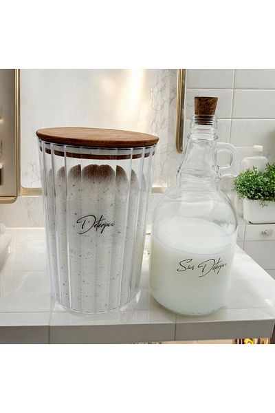 zezedesing Βάζο απορρυπαντικού 2300ML με ρίγες και ξύλινο καπάκι - 1000ML διαφανές μπουκάλι με ετικέτα