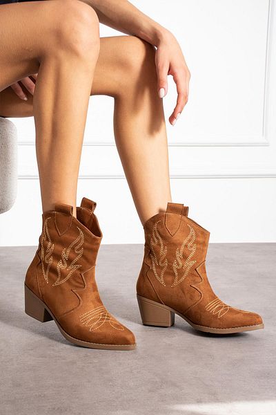 ShoeTek Tan Suede Lorve γυναικείες καουμπόικες μπότες - Χοντρό τακούνι και μοτίβο ραφής