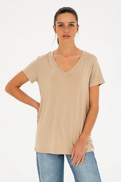 U.S. Polo Assn. Γυναικείο μπλουζάκι Light Khaki V-Neck Basic 50280019-VR183
