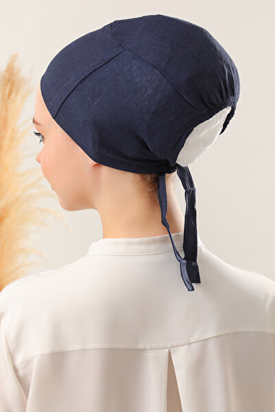 Melodi Scarf Navy Blue Hijab Stitched Women's Bonnet Set - 3 Pieces Laced Combed Cotton