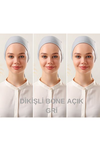 Melodi Scarf Light Gray Hijab Combed Cotton Bonnet - 3 Pieces Tie-Up Set
