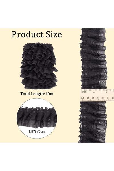 Choice M AECH03-08880 11 ياردة من شريط دانتيل شيفون أسود مزدوج الطبقات مطوي بعرض 5 سم، كشكشة مجمعة من طبقتين