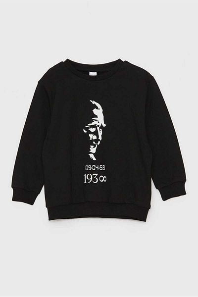 LC Waikiki New Black Crew Neck Long Sleeve Ataturk Printed Baby Boy 3 Thread Raised Sweatshirt