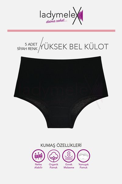LadyMelex Chiloți pentru femei, slip cu talie înaltă, 5 bucăți negru (S-M-L-XL-2XL-3XL) 100% țesătură moale