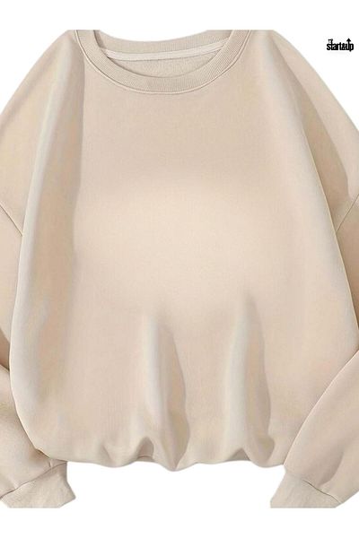 QUEENSTOWN Unisex Beige Solid Color Oversize Crew Neck Sweatshirt