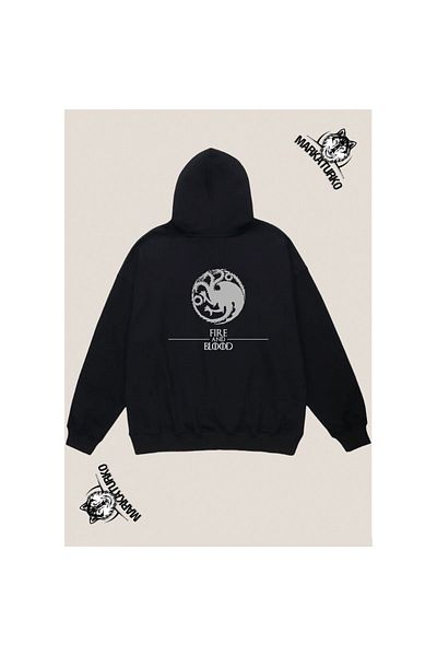 MarkaTurko FİRE AND BLOOD custom design back printed Black Hooded unisex Sweatshirt 1105-35