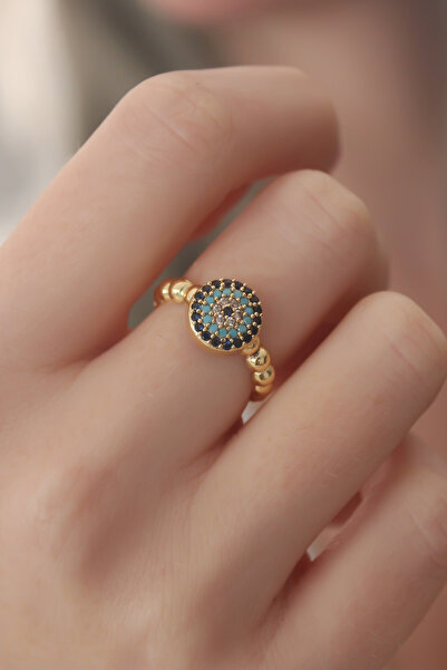 Marsilyan Gold Color Evil Eye Bead Figure Zircon Stone Detail Women's Ring