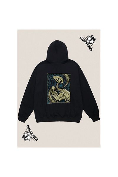 MarkaTurko DINO AND HUMAN Custom Design Back Printed Black Hooded Unisex Sweatshirt 1205-63