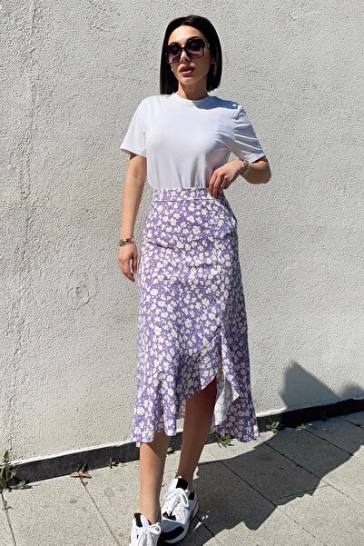 KaSheHa Lila Çiçek Desen Fırfırlı Volanlı Asimetrik Midi Etek 80 Cm