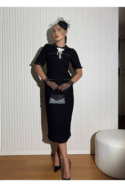 NSHIQ Kadın Siyah Zarif İnci Detaylı Siyah Tweed Elbise - Vintage Esintili Retro Tasarım