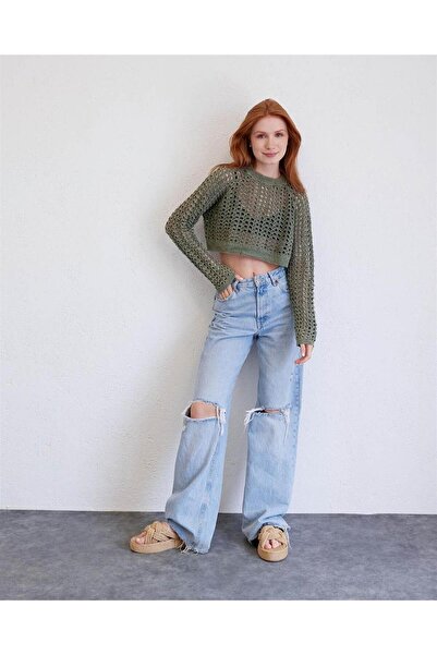 Nisan Kadın Sıfır Yaka Delikli Triko Kazak Haki