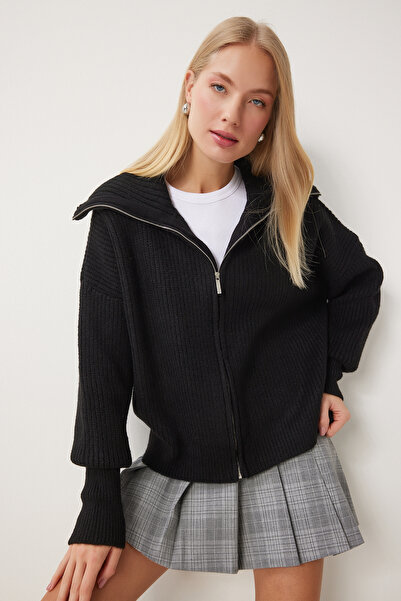 Lovelyİstanbul Fermuarlı Yaka Triko Hırka SİYAH LMX0060