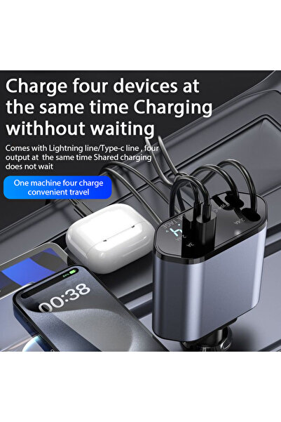 Choice 4 في 1 شاحن سيارة 4 في 1 120 وات مع محول ولاعة سجائر للسيارة قابل للسحب وكابل شحن سريع USB من النوع C