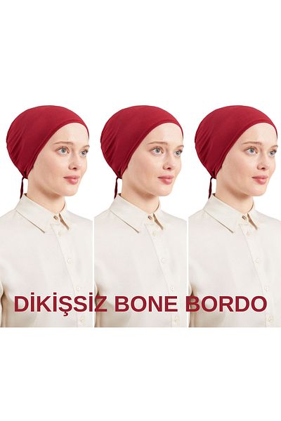 Melodi Scarf Women's Hijab Seamless Set Bonnet Claret Red 3 Pieces Tied Combed Cotton Bonnet