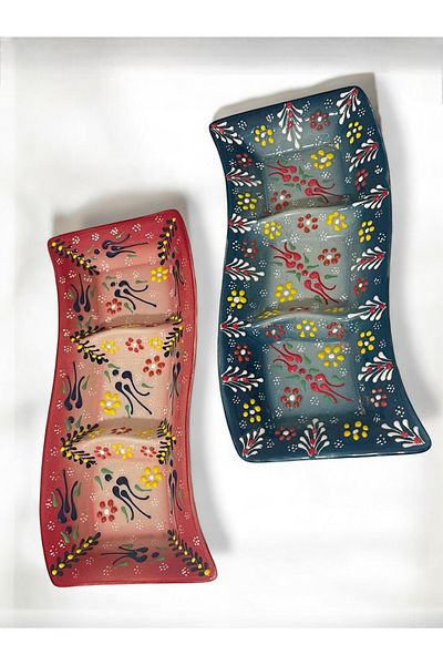 Artistic Quality Decorative 2 Pieces 3-Compartment Stylish Tulip Tile Designed Completely Handmade Breakfast-Snack Bowl-Sauce Bowl