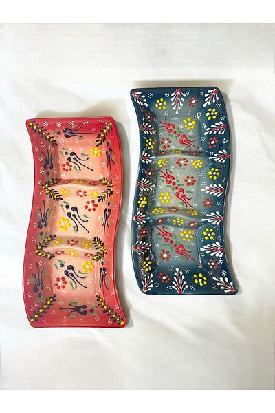 Artistic Quality Decorative 2 Pieces 3-Compartment Stylish Tulip Tile Designed Completely Handmade Breakfast-Snack Bowl-Sauce Bowl