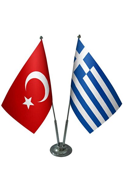 Saturn Masa Üstü Yunanistan Bayrağı Türk Bayrağı Ikili Krom Direk Masa Bayrak...