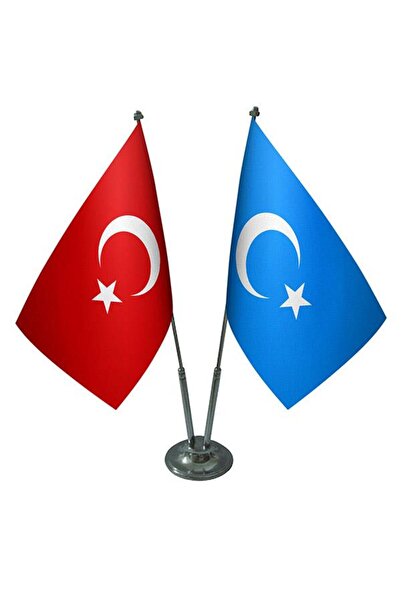 Saturn Masa Üstü Doğu Türkistan Bayrağı Türk Bayrağı Ikili Krom Direk Masa Ba...