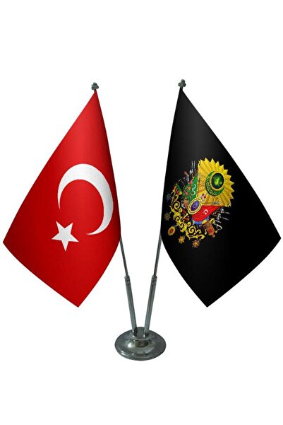 Saturn Masa Üstü Siyah Osmanlı Arması Bayrağı Türk Bayrağı Ikili Krom Direk Masa Bayrak Seti