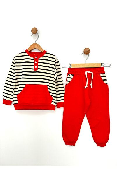 By Cwhr 100% Cotton Button Collar Kangaroo Pocket Striped Boys' Seasonal Tracksuit Set