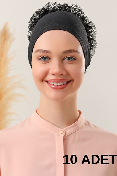 Melodi Scarf Hijab Women - 10-Piece Black Frilly Bonnet