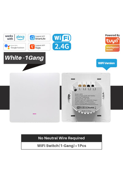 Choice 100-240 EU standard White-1Gang Tuya Smart Wifi Switch No Neutral Wire...