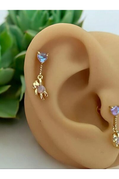 DCPİERCİNG Cerrahi Çelik Sallantılı Altın Ayıcık Pembe Zirkon Tragus Helix Conch Piercing