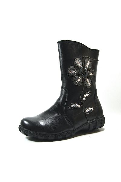Onlo Ayakkabı Onlo Shoes OP.18 Γνήσιο Δερμάτινο Μαύρο Κεντημένο Κοριτσίστικο Μισό Μποτάκι